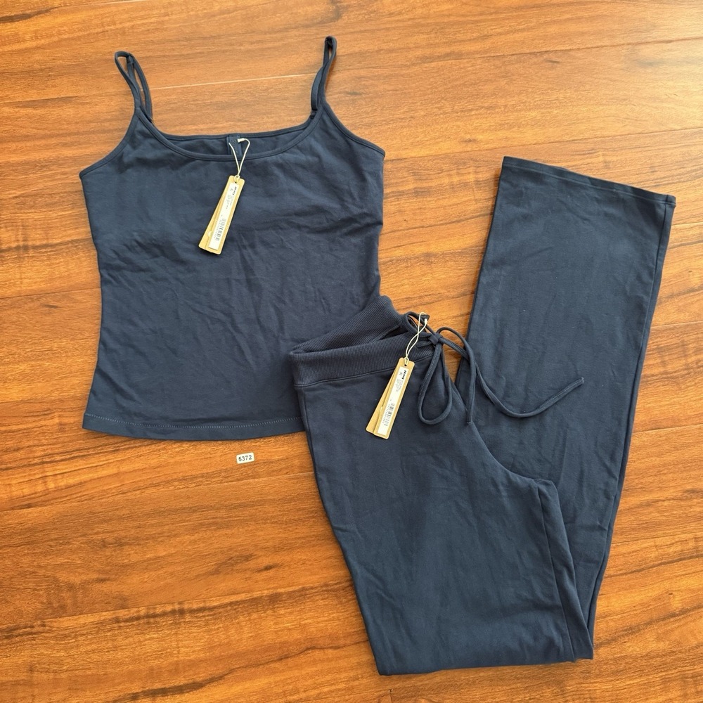 SKIMS SET Cotton Jersey Cami & Straight Leg Pant In Navy (Blue) Size S NWT